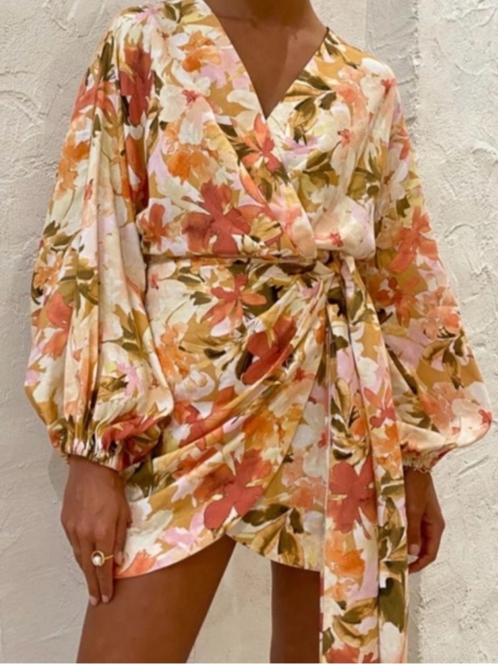 🧡 Significant other Floral Wrap Mini Dress - Peach Multi